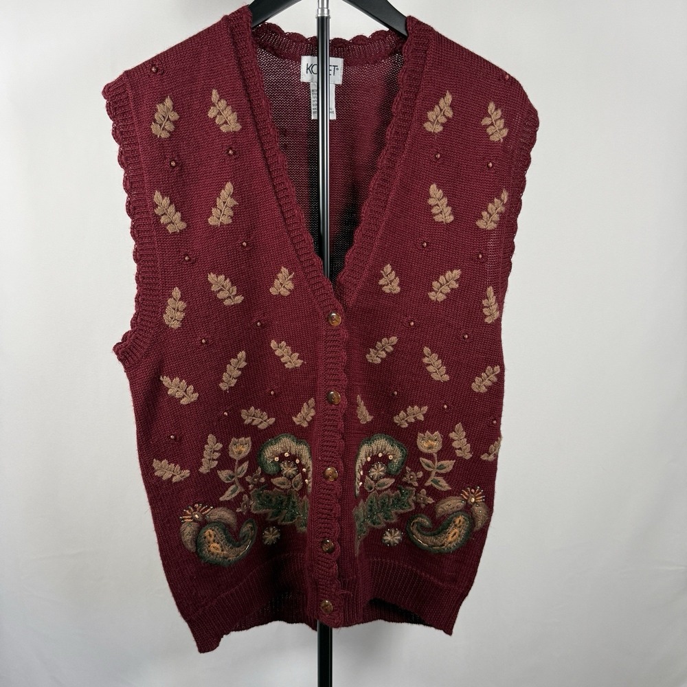 Koret Vintage Women's Embroidered And Beaded Fall Knit Vest Red